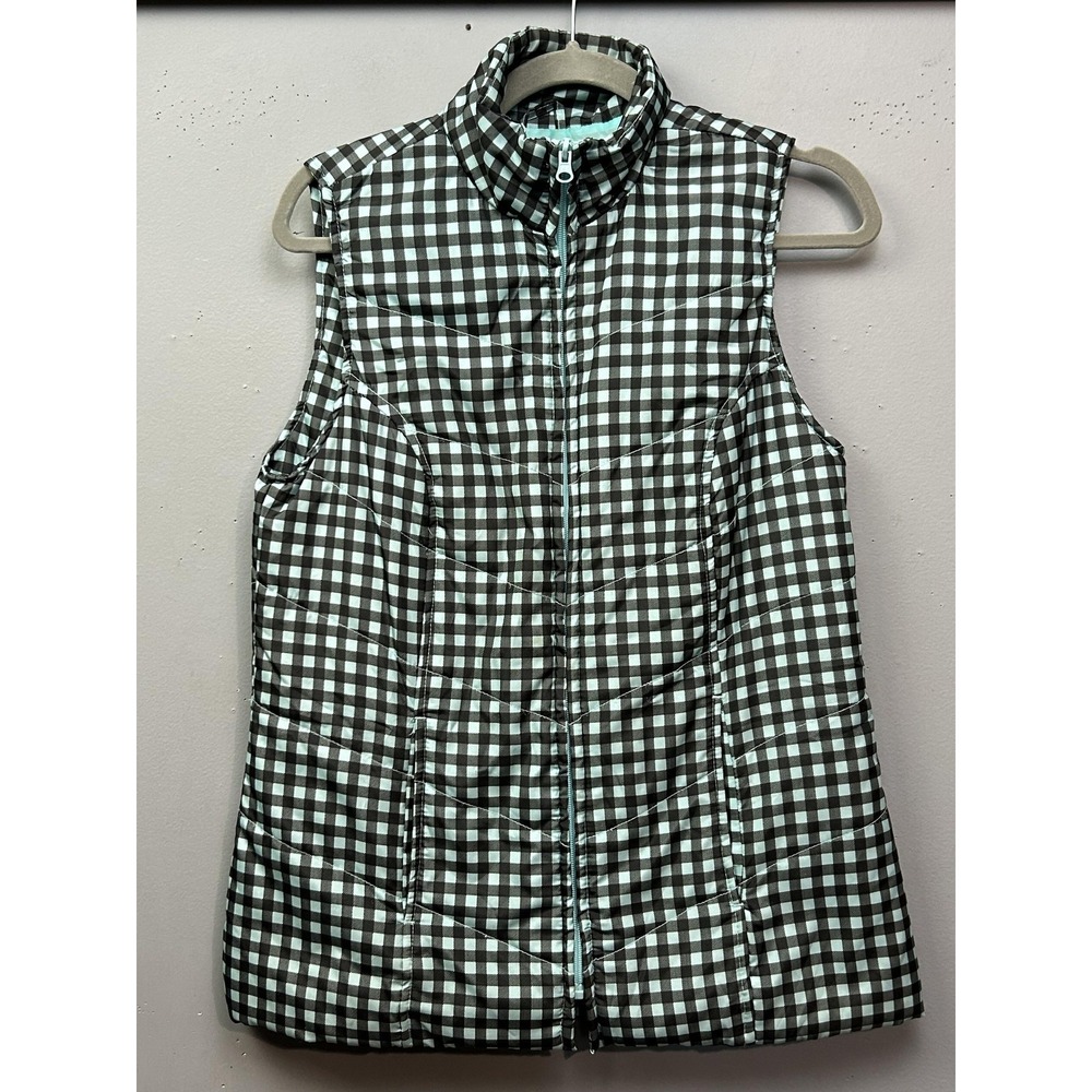 Kim Rogers Puffer Vest Womens Small Black Aqua Gingham Quilted Mock Neck Zip